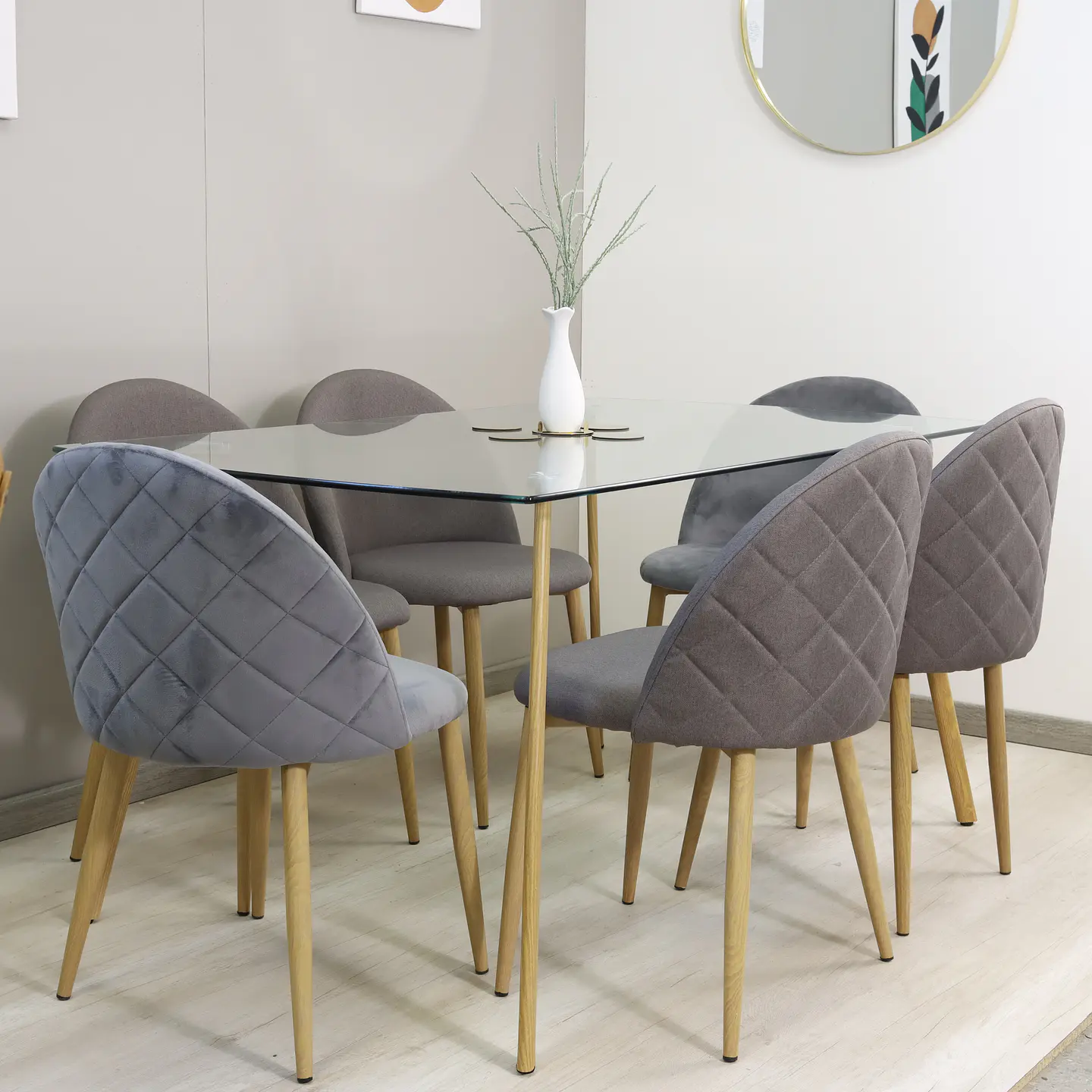 Comedor Rectangular Vidrio 140x80cm + 6 Sillas Velvet Oak Gris  2