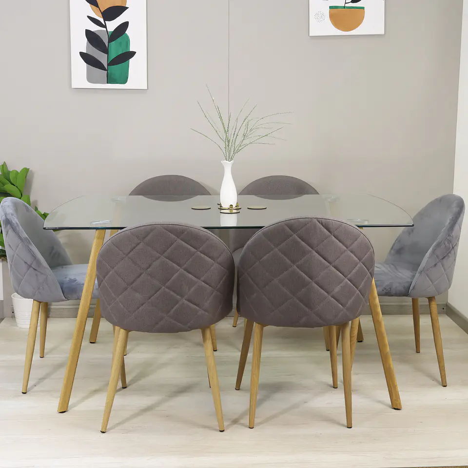 Comedor Rectangular Vidrio 140x80cm + 6 Sillas Velvet Oak Gris  1
