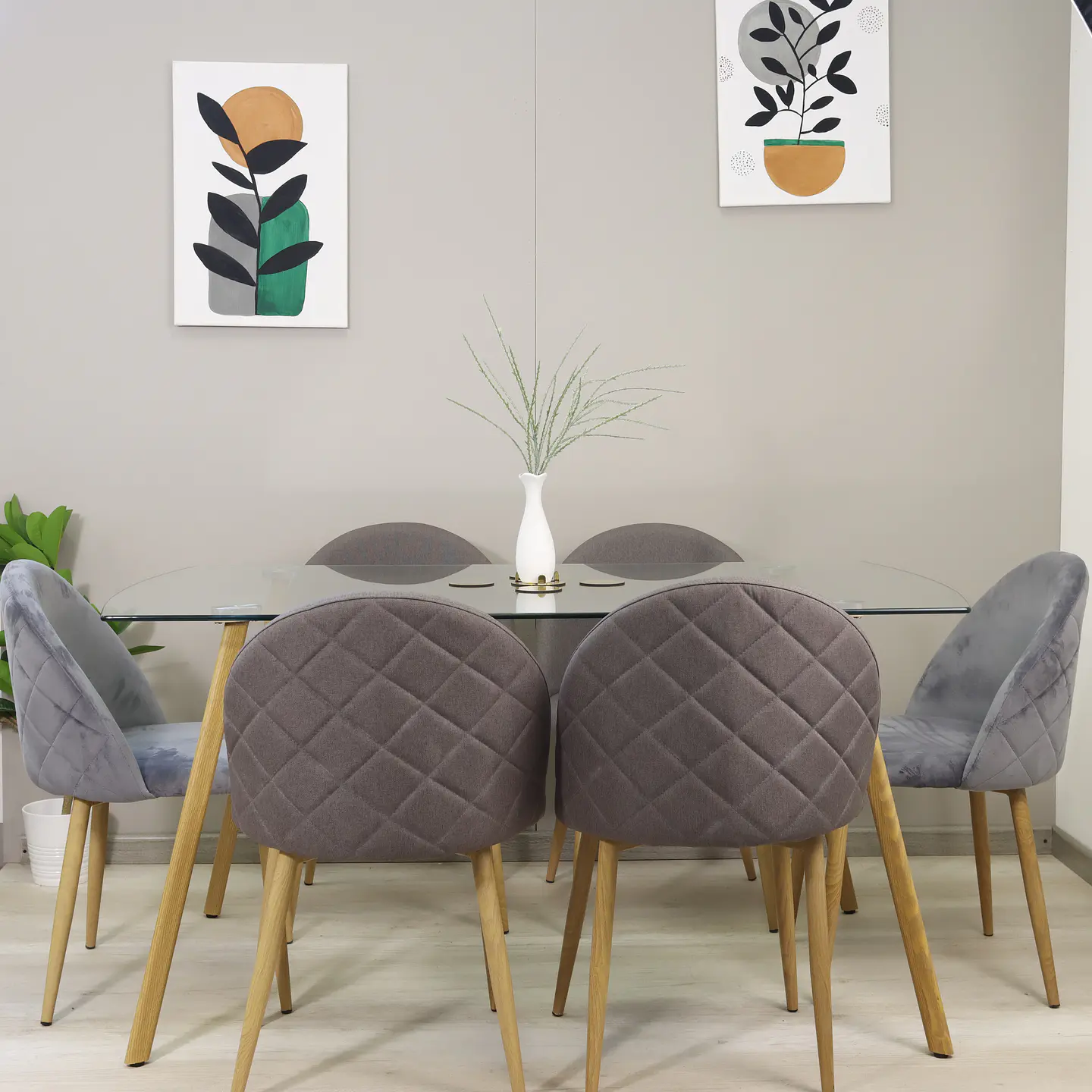 Comedor Rectangular Vidrio 140x80cm + 6 Sillas Velvet Oak Gris  3