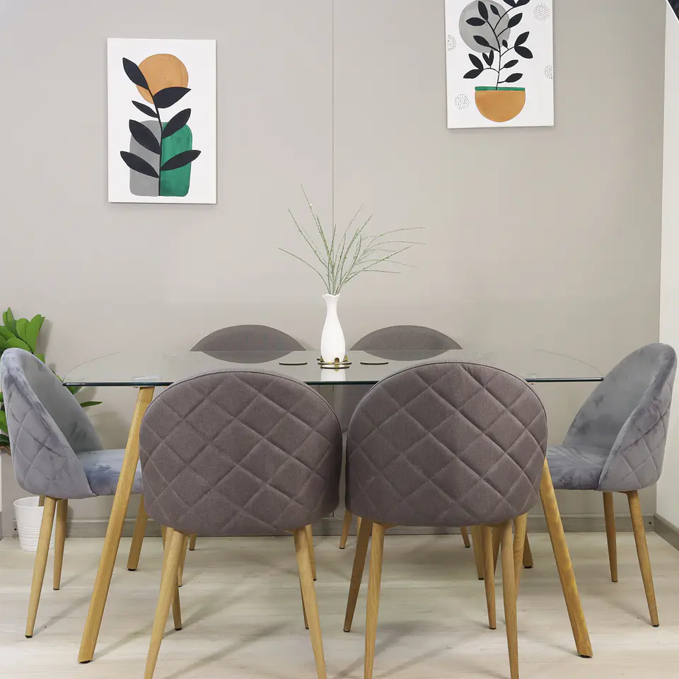 Comedor Rectangular Vidrio 140x80cm + 6 Sillas Velvet Oak Gris  3