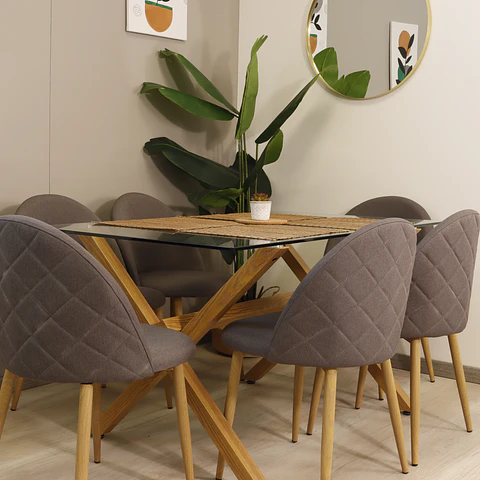 Comedor Rectangular XT Vidrio 140x80cm + 6 Sillas Lino Oak