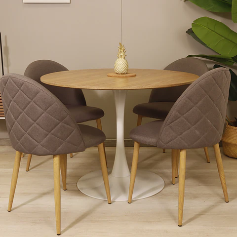 Comedor Redondo Tulip Wood Base Blanca 100cm + 4 Sillas Lino