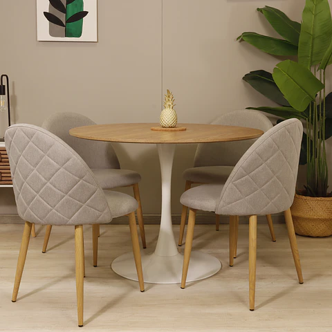 Comedor Redondo Tulip Wood Base Blanca 100cm + 4 Sillas Lino