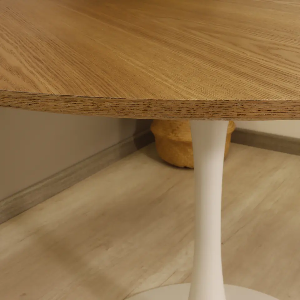 Comedor Redondo Tulip Wood Base Blanca 100cm + 4 Sillas Lino 6