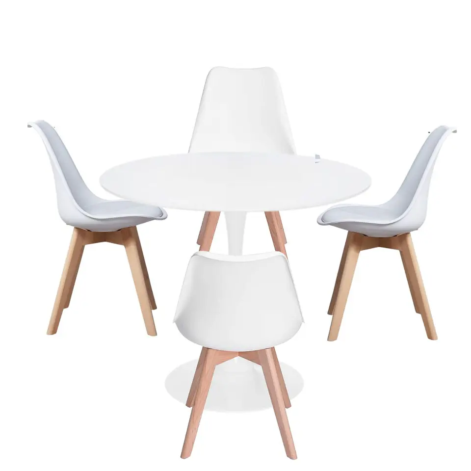 Comedor Redondo Tulip Blanco 80cm + 4 Sillas Eames Acolchadas Blanco 4