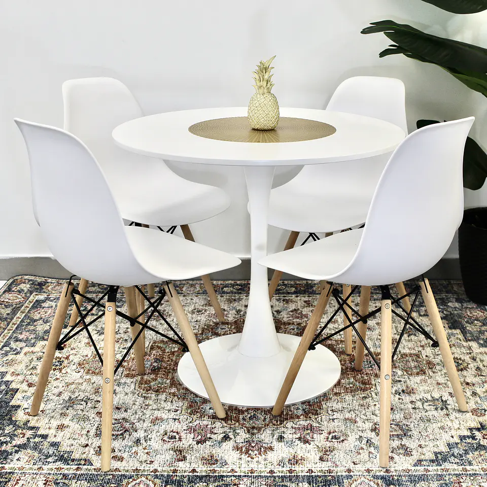 Comedor Redondo Tulip Blanco 80cm + 4 Sillas Eames Clásicas Blanco 9