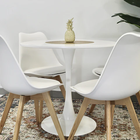 Comedor Redondo Tulip Blanco 80cm + 4 Sillas Eames Acolchadas Blanco