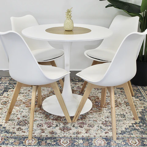 Comedor Redondo Tulip Blanco 80cm + 4 Sillas Eames Acolchadas Blanco