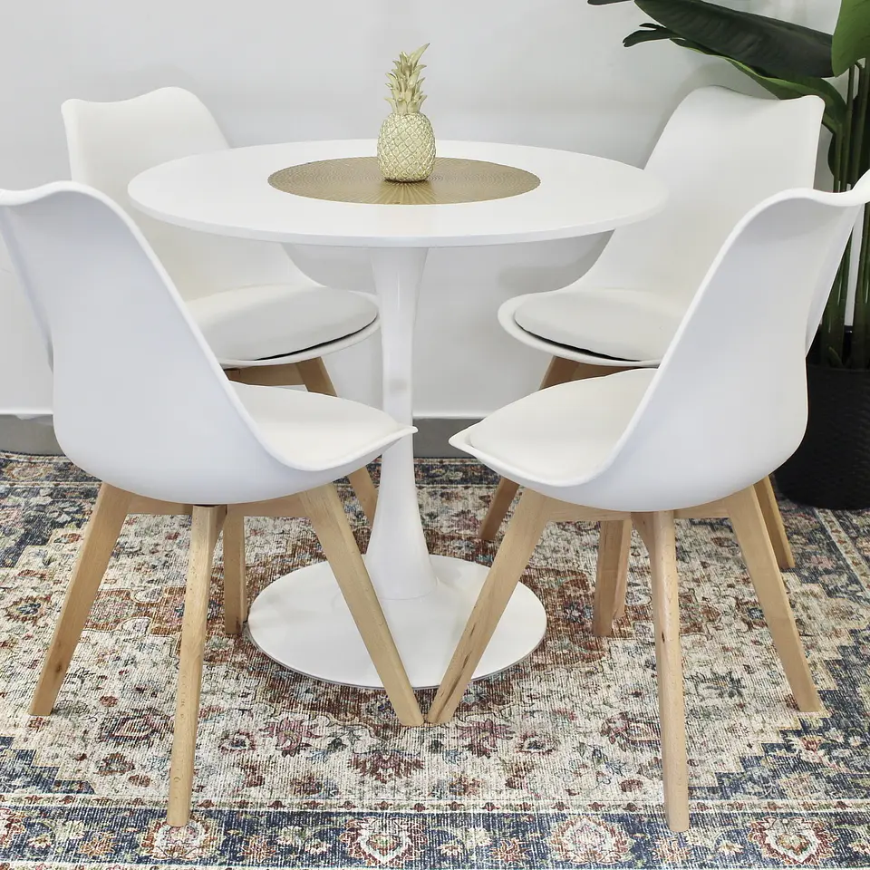 Comedor Redondo Tulip Blanco 80cm + 4 Sillas Eames Acolchadas Blanco 1