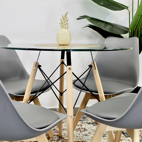 Comedor Redondo de Vidrio 80cm + 4 Sillas Eames Acolchadas Gris 
