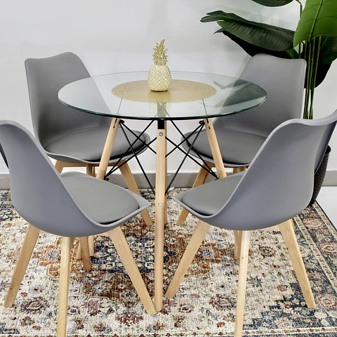 Comedor Redondo de Vidrio 80cm + 4 Sillas Eames Acolchadas Gris 