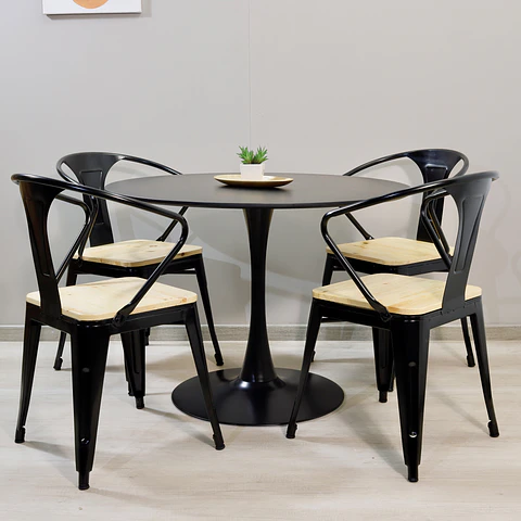 Comedor Redondo Tulip Negro 100cm + 4 Sillas Tolix Pierre
