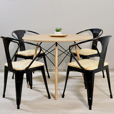 Comedor Redondo Eames Wood 100cm + 4 Sillas Tolix Pierre