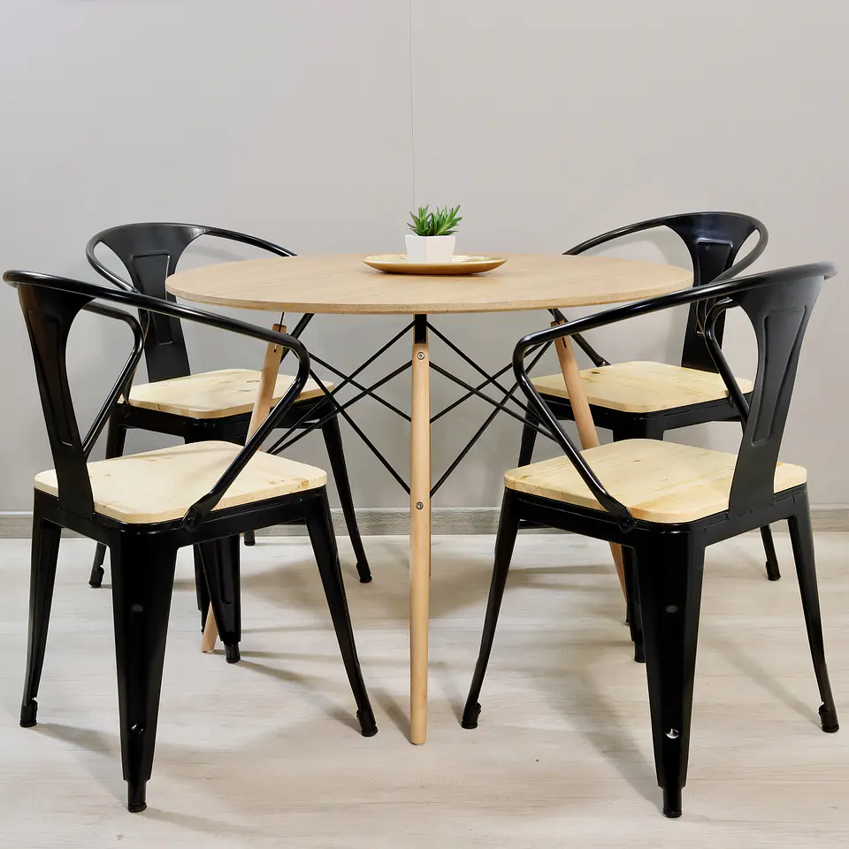 Comedor Redondo Eames Wood 100cm + 4 Sillas Tolix Pierre 1