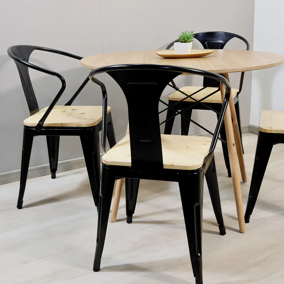 Comedor Redondo Eames Wood 100cm + 4 Sillas Tolix Pierre 2