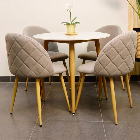 Set Comedor Redondo de Cuarzo + 4 Sillas Lino Oak