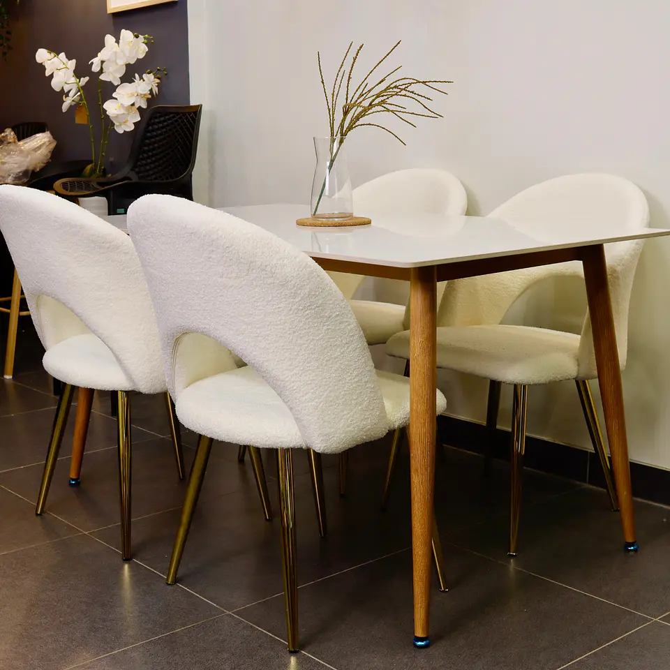 Set Comedor Rectangular de Cuarzo + 4 Sillas Eames Lana Bouclé Blanco   2