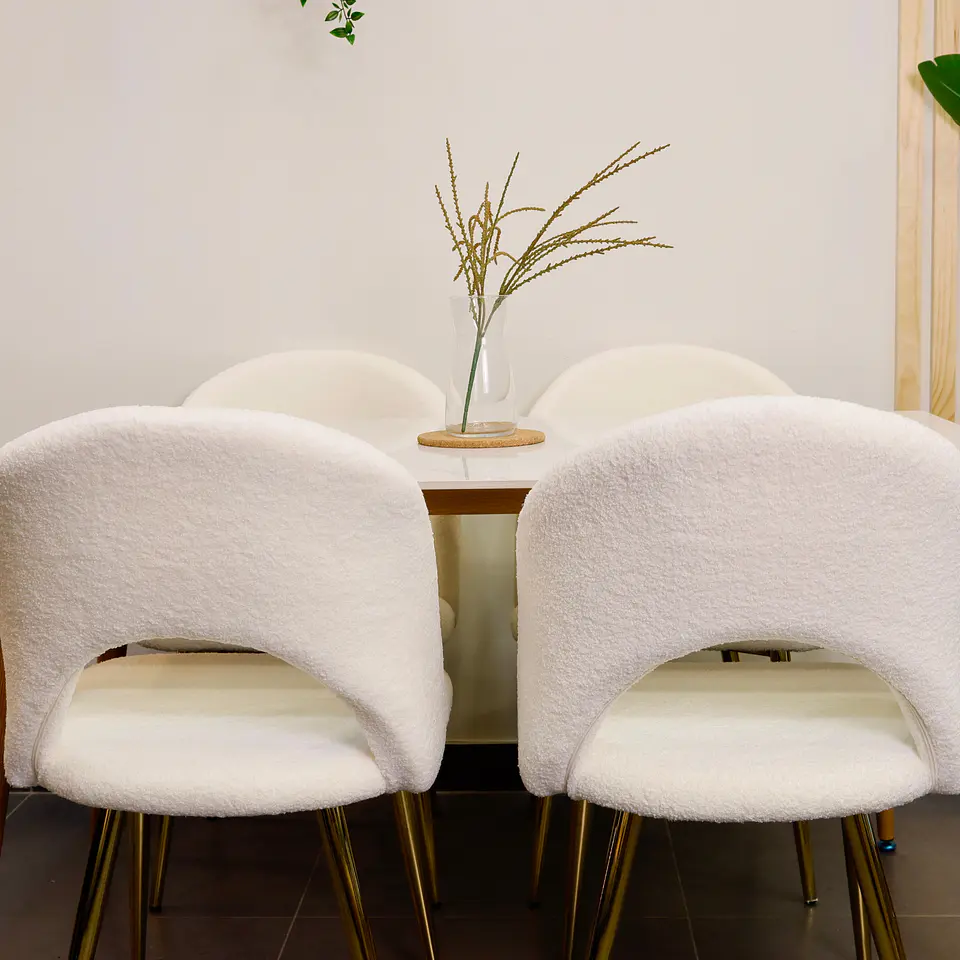 Set Comedor Rectangular de Cuarzo + 4 Sillas Eames Lana Bouclé Blanco   8