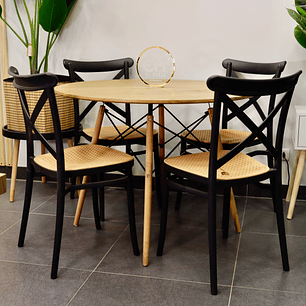 Set Comedor Eames Redondo 100cm Wood + 4 Sillas Crossback Top Negro 