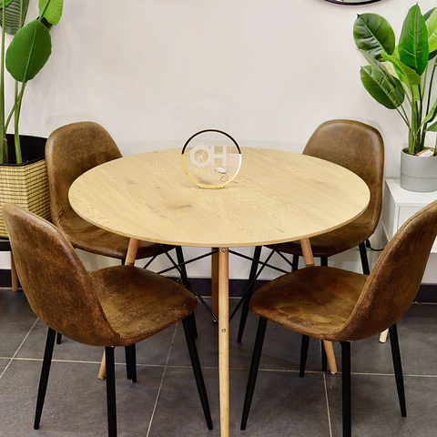 Set Comedor Eames Redondo 100cm Wood + 4 Sillas Eames Ecocuero Café 