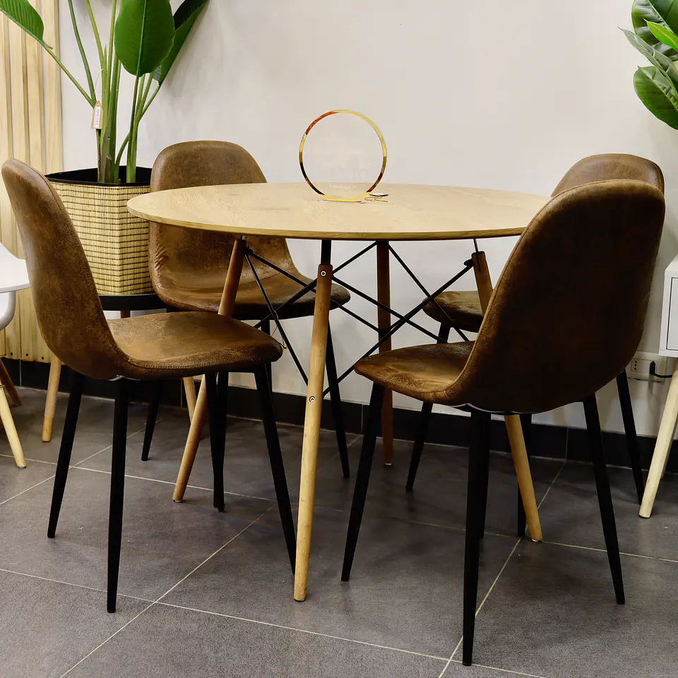 Set Comedor Eames Redondo 100cm Wood + 4 Sillas Eames Ecocuero Café  7