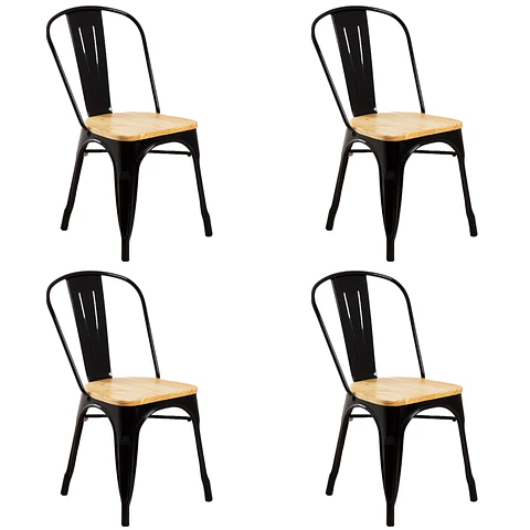 Pack 4 Sillas Tolix Negro Asiento de Madera