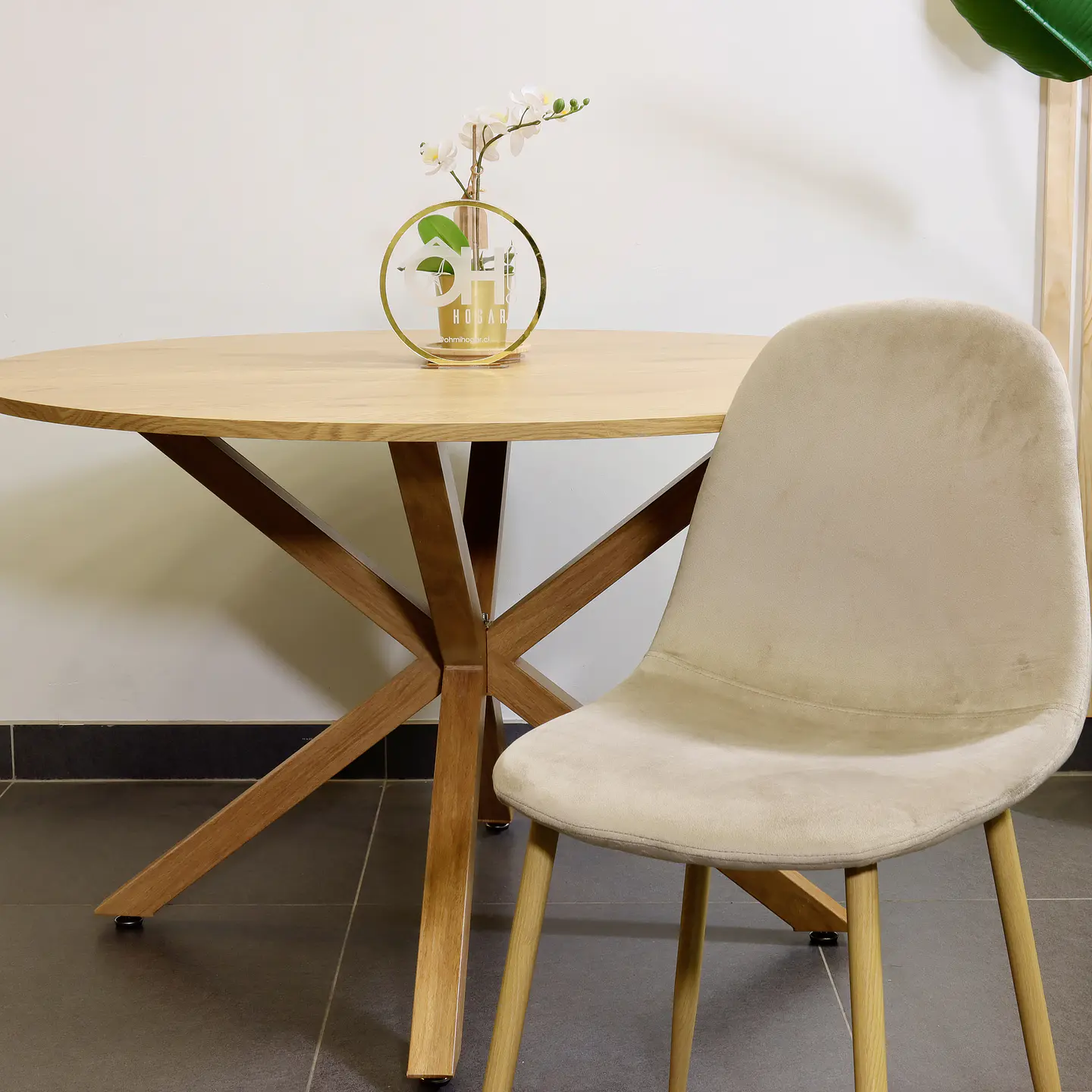Set de Comedor Mesa Redonda Ohmioh Natural 120cm + Sillas Eames Velvet 6