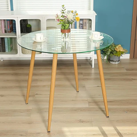 Mesa Lyon Redonda de Vidrio Base Wood (80cm, 100cm, 120cm) 