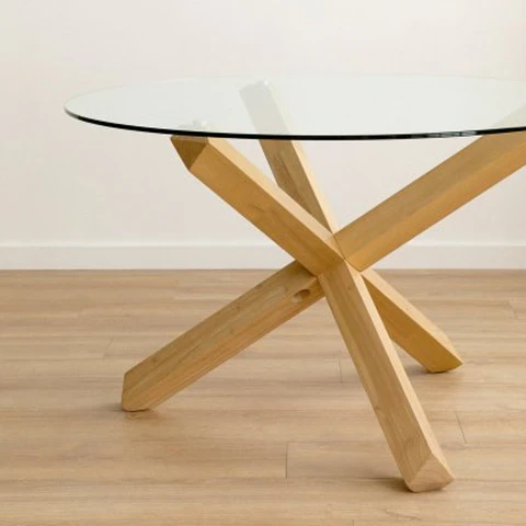 Mesa Redonda de Vidrio Natura 120cm de Diámetro (Base de Madera Solida)