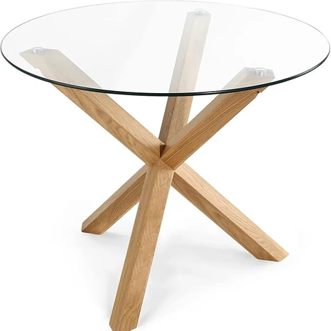 Mesa Redonda de Vidrio Natura 120cm de Diámetro (Base de Madera Solida)