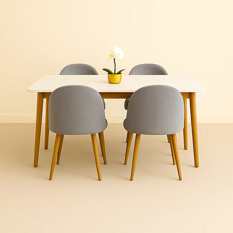 Set Comedor Rectangular de Cuarzo Calacatta Soft + Sillas Berna Soft Felpa Oak Gris