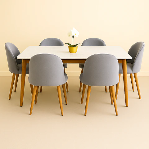 Set Comedor Rectangular de Cuarzo Calacatta Soft + Sillas Berna Soft Felpa Oak Gris