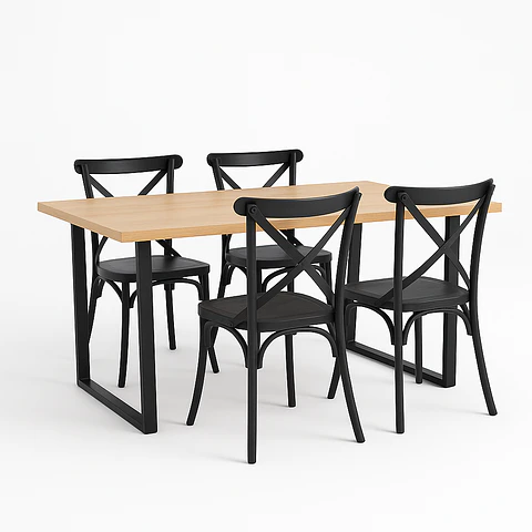 Set Comedor Mesa Industrial Rectangular  + Sillas Crossback Basic Negro