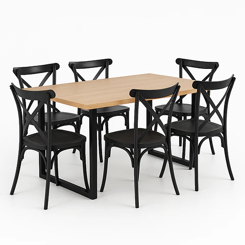 Set Comedor Mesa Industrial Rectangular  + Sillas Crossback Basic Negro