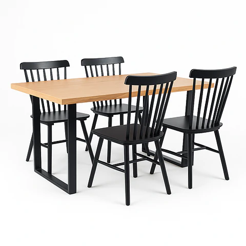 Set Comedor Mesa Industrial Rectangular  + Sillas Windsor Madera Negro