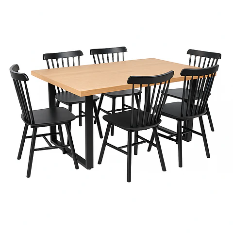 Set Comedor Mesa Industrial Rectangular  + Sillas Windsor Madera Negro