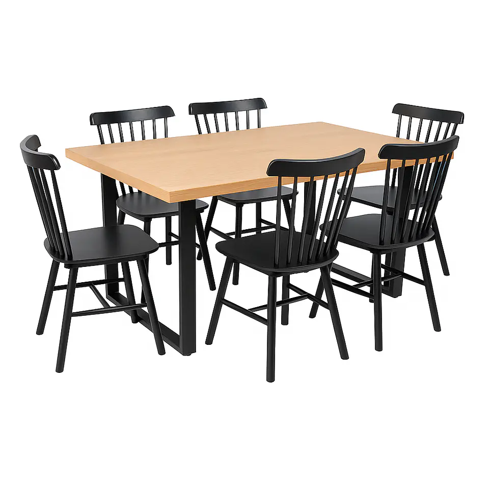 Set Comedor Mesa Industrial Rectangular  + Sillas Windsor Madera Negro 2