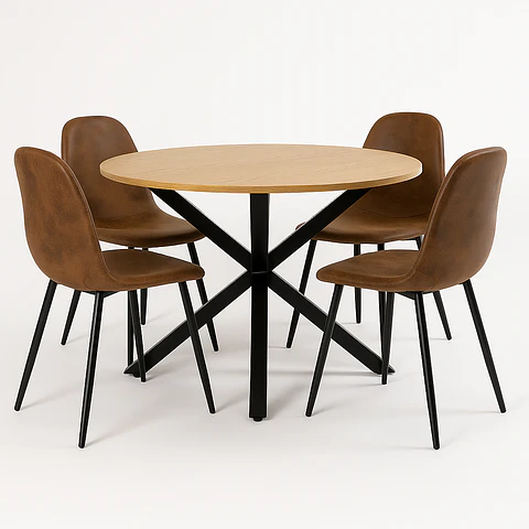Set Comedor Mesa Ohmioh Redonda + 4 Sillas Eames Ecocuero Café