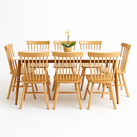 Set Comedor Familiar Mesa Rectangular de Cuarzo 180x100cm + 8 Sillas Windsor Madera Natural