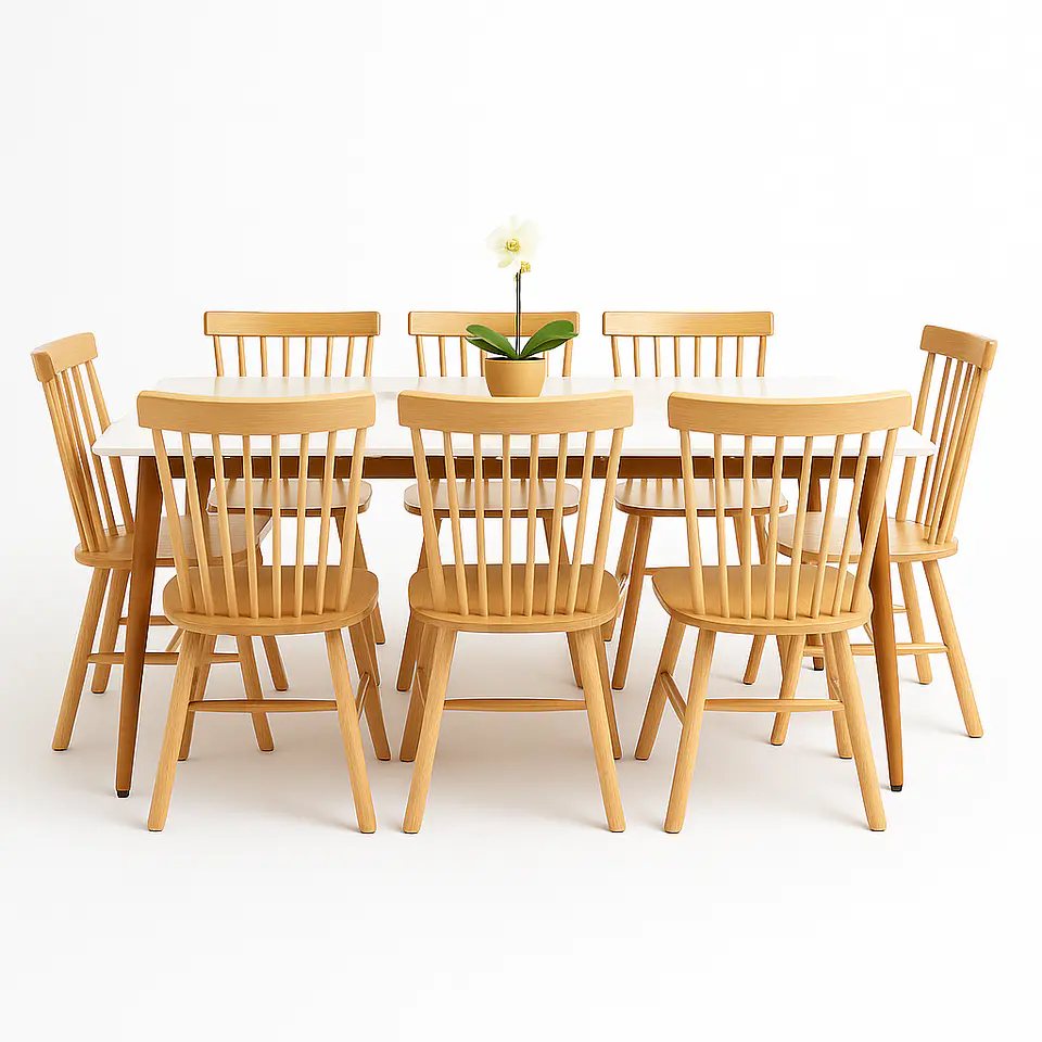 Set Comedor Familiar Mesa Rectangular de Cuarzo 180x100cm + 8 Sillas Windsor Madera Natural 1
