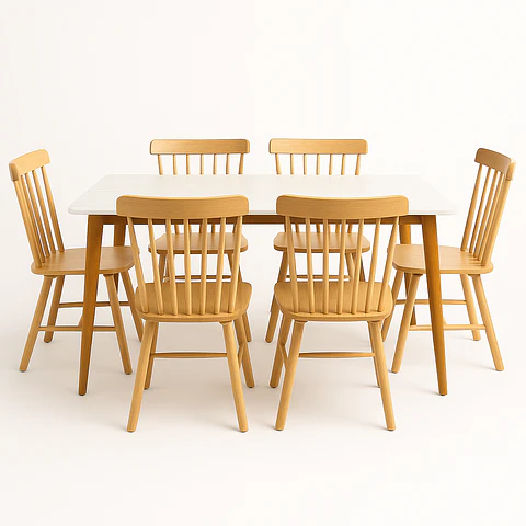 Set Comedor Mesa Rectangular de Cuarzo + Sillas Windsor Madera Natural