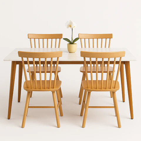 Set Comedor Mesa Rectangular de Cuarzo + Sillas Windsor Madera Natural