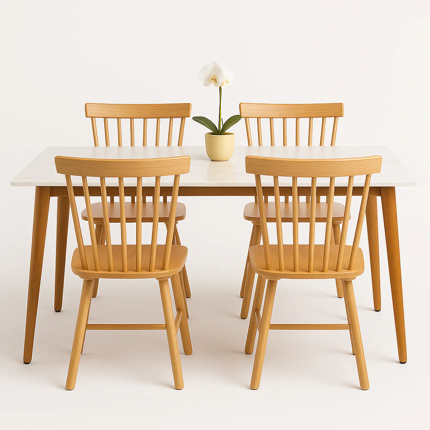 Set Comedor Mesa Rectangular de Cuarzo + Sillas Windsor Madera Natural 2