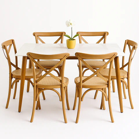 Set Comedor Mesa Rectangular de Cuarzo + Sillas Crossback Madera Natural