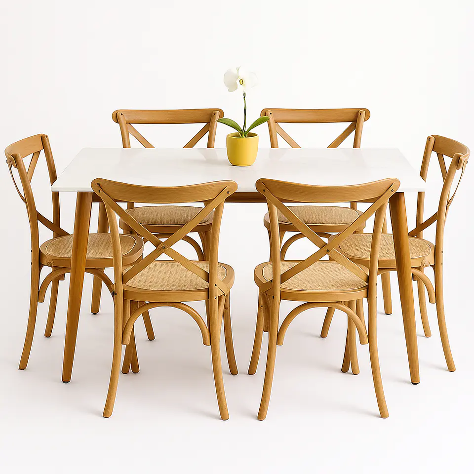 Set Comedor Mesa Rectangular de Cuarzo + Sillas Crossback Madera Natural 1