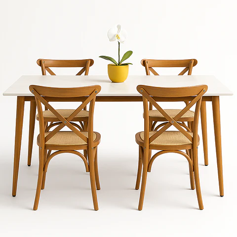 Set Comedor Mesa Rectangular de Cuarzo + Sillas Crossback Madera Natural