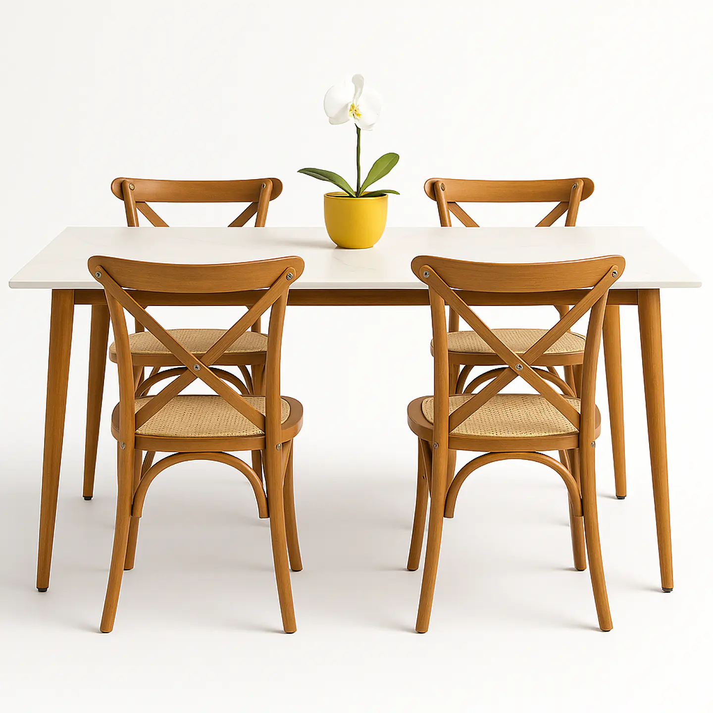 Set Comedor Mesa Rectangular de Cuarzo + Sillas Crossback Madera Natural 2