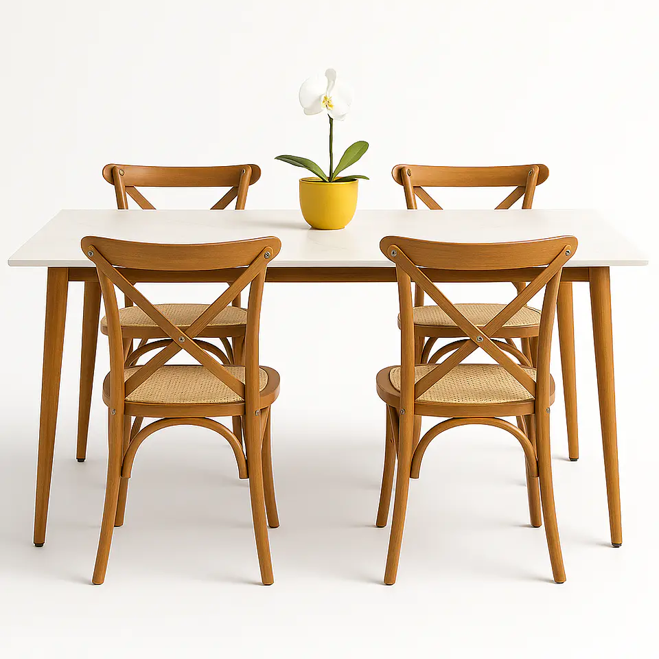 Set Comedor Mesa Rectangular de Cuarzo + Sillas Crossback Madera Natural 2