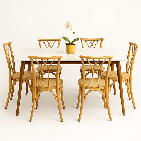 Set Comedor Mesa Rectangular de Cuarzo + Sillas Crosswood Madera Natural