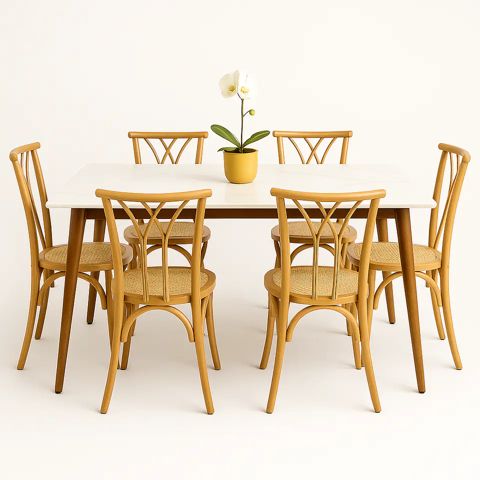 Set Comedor Mesa Rectangular de Cuarzo + Sillas Crosswood Madera Natural 2